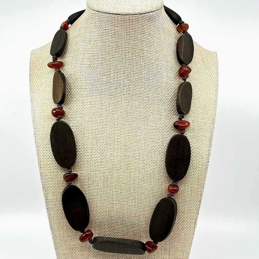 Vintage Claire's Retro Boho Chunky Wood & Faux Carnelian Bead Necklace Earthy
